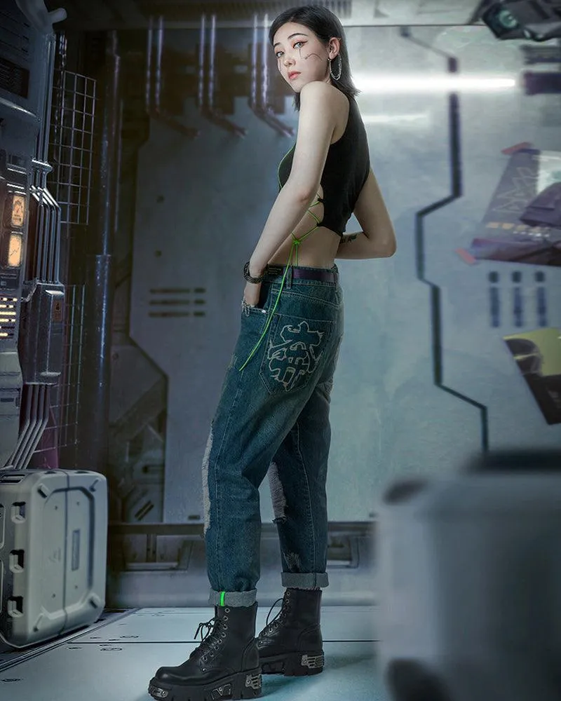 XIPHEVIL Cyberpunk Laser Destroyed Unisex Denim Cargo Pants