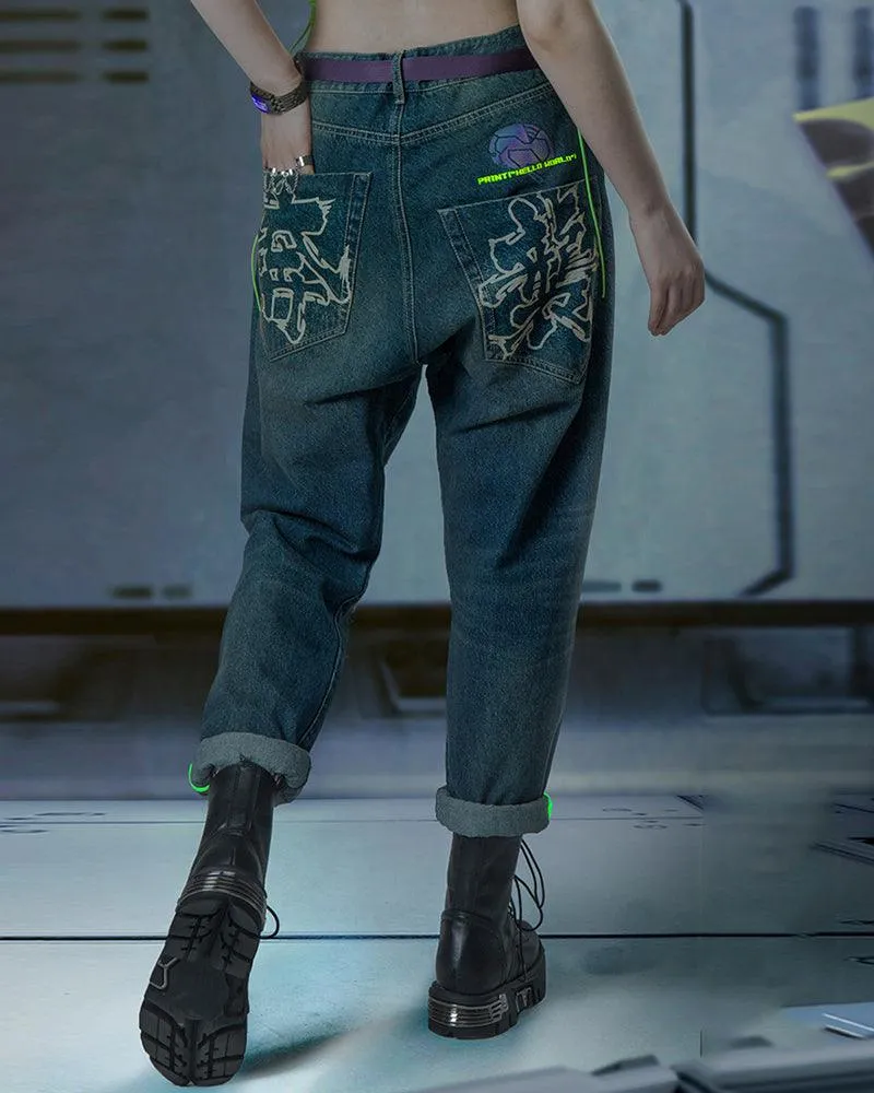 XIPHEVIL Cyberpunk Laser Destroyed Unisex Denim Cargo Pants