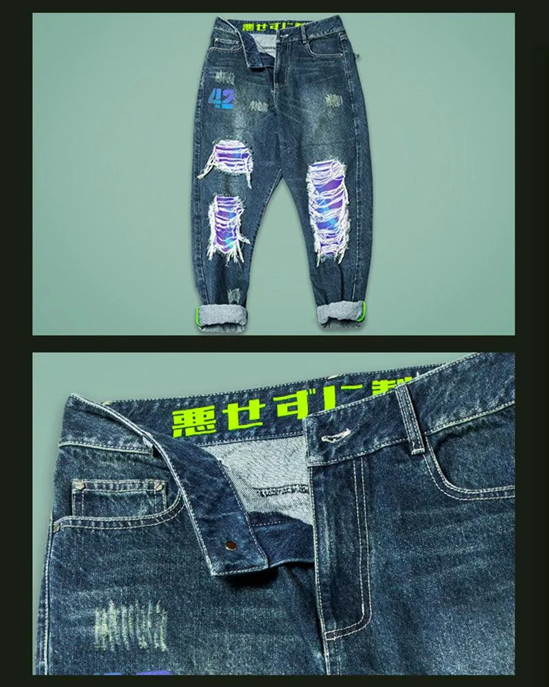 XIPHEVIL Cyberpunk Laser Destroyed Unisex Denim Cargo Pants