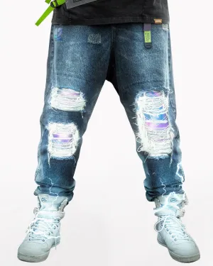XIPHEVIL Cyberpunk Laser Destroyed Unisex Denim Cargo Pants