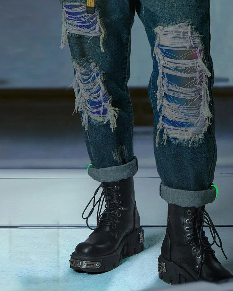 XIPHEVIL Cyberpunk Laser Destroyed Unisex Denim Cargo Pants