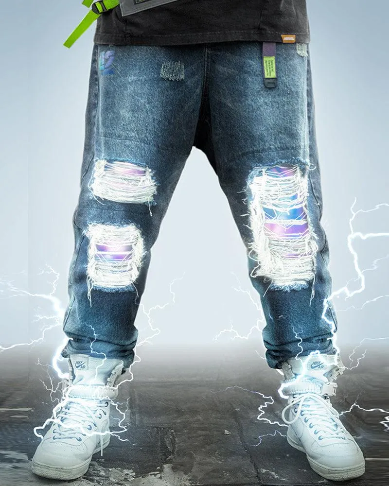 XIPHEVIL Cyberpunk Laser Destroyed Unisex Denim Cargo Pants