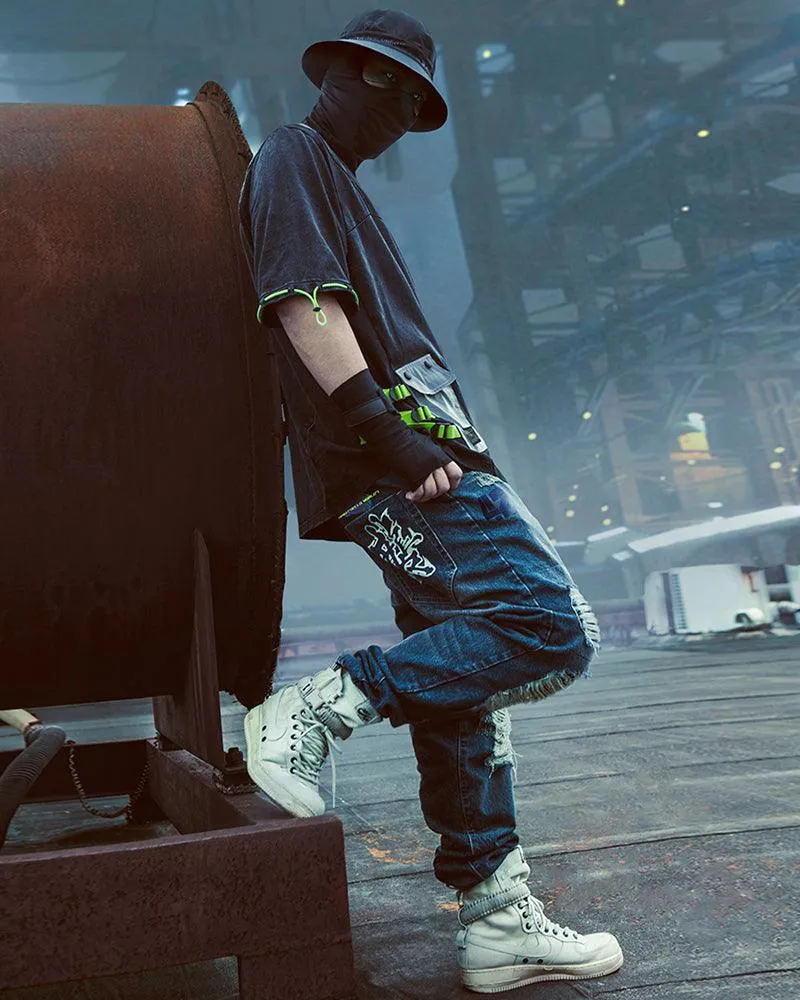 XIPHEVIL Cyberpunk Laser Destroyed Unisex Denim Cargo Pants
