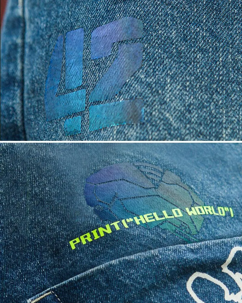 XIPHEVIL Cyberpunk Laser Destroyed Unisex Denim Cargo Pants