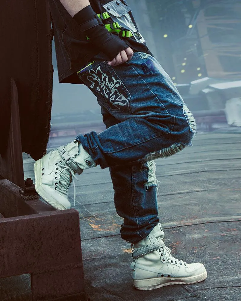 XIPHEVIL Cyberpunk Laser Destroyed Unisex Denim Cargo Pants