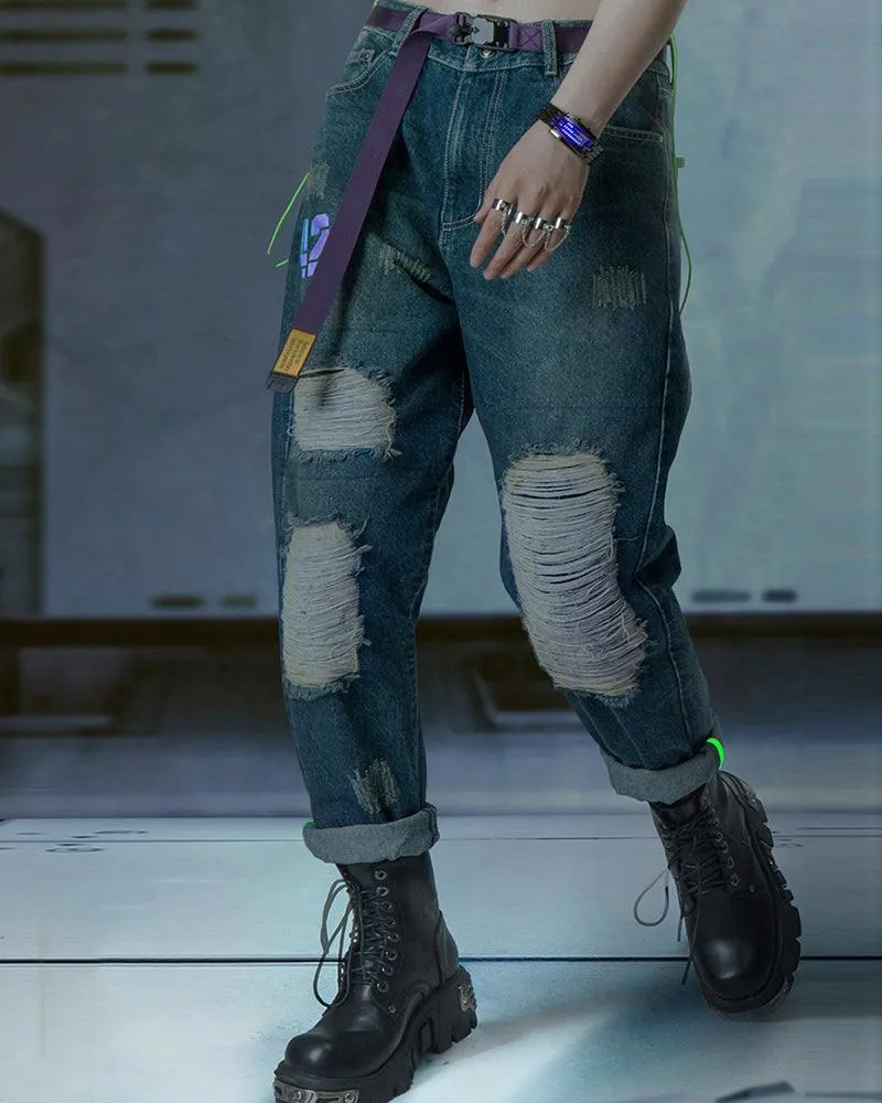 XIPHEVIL Cyberpunk Laser Destroyed Unisex Denim Cargo Pants