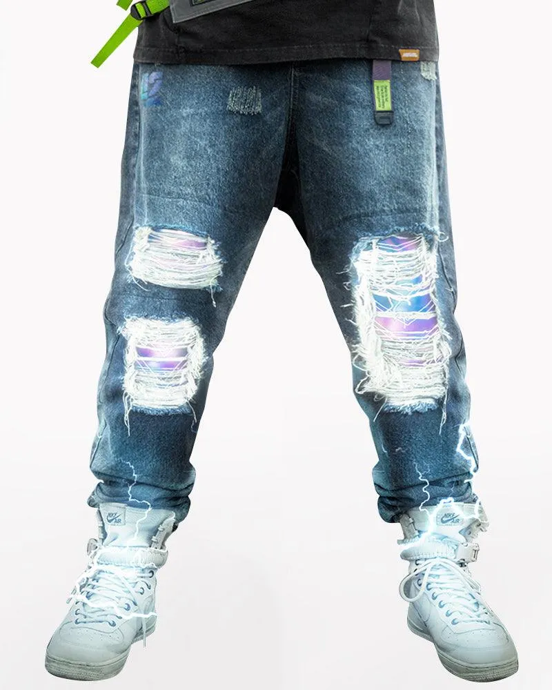 XIPHEVIL Cyberpunk Laser Destroyed Unisex Denim Cargo Pants