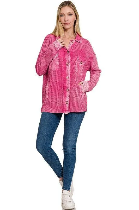 ZENANA Cotton Waffle Acid Wash Shacket
