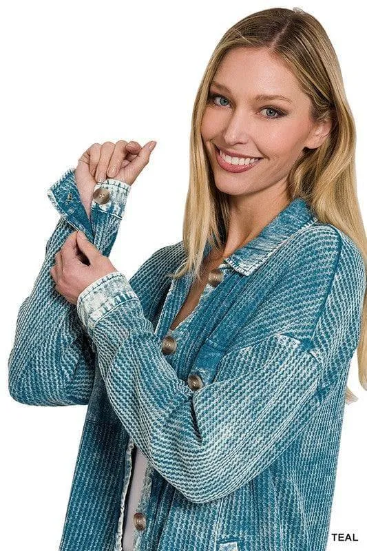 ZENANA Cotton Waffle Acid Wash Shacket