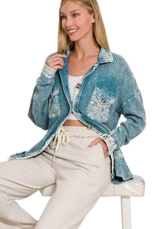 ZENANA Cotton Waffle Acid Wash Shacket