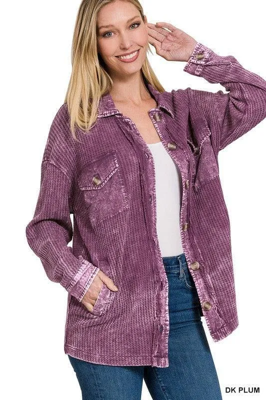 ZENANA Cotton Waffle Acid Wash Shacket